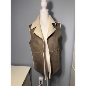 JACK Brown Faux Suede Shearling Lined Vest Womens Small Open Front Notched Lapel